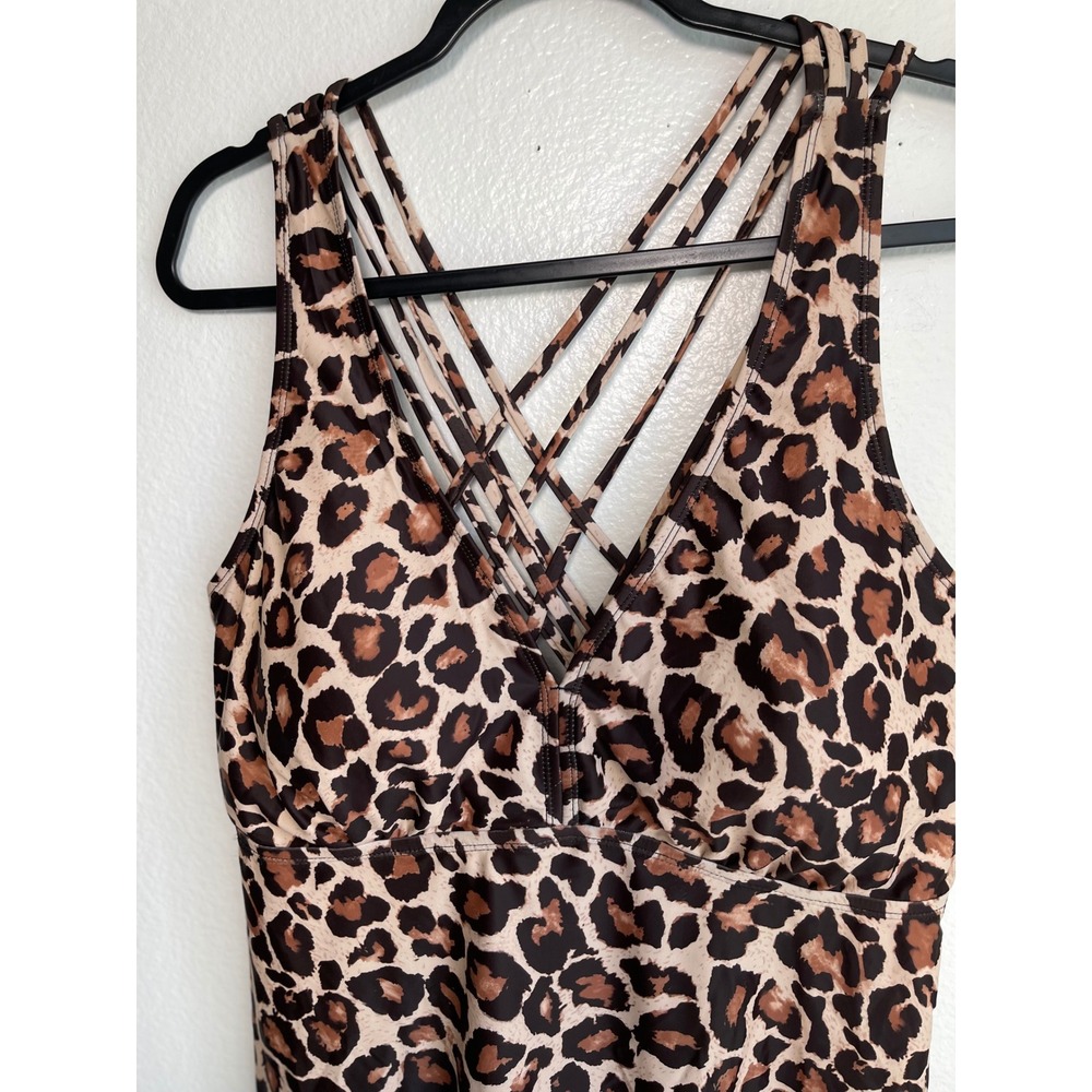 Aqua Eve Leopard Print Strappy Back Swim Dress Tankini Top Brown Tan 20W - Picture 9 of 10